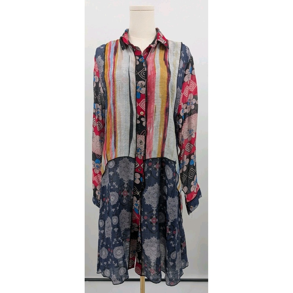 Paris Hues Sheer Tunic Top Button Up Floral Colorful Maximalism‎ Damask Boho